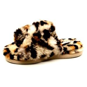 Halluci Womens Cross Strap Slide Slipper Brown Leopard Print Faux Fur‎ EUR 40-41